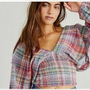 Free People Marlena Madres Plaid‎ Balloon Sleeve V-Neck Smocked Crop Top Size M